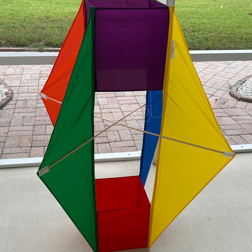 Vintage rainbow colored 3-dimensional box kite from Rainbow Rider Kites